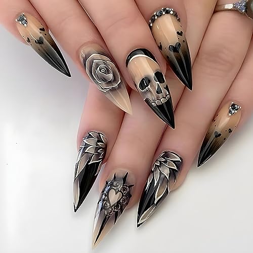 Stiletto Press on Nails Goth Fake Nails Horror Skull & Black Rose...