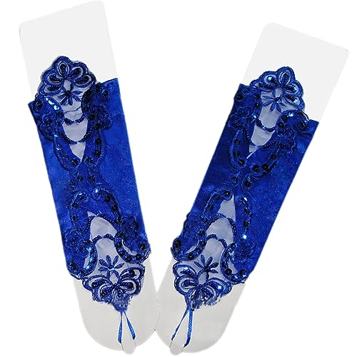 Whakano Damen Fingerlose Handschuhe, Elegante Spitzen Satin Handschuhe mit Pailletten, Brauthandschuhe, Opernhandschuhe, Königsblau