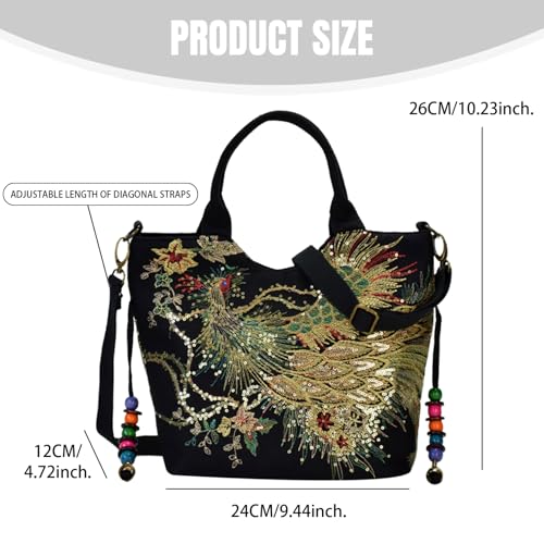 Women's Shoulder Handbags, 10x9x5" Ethnic Travel Bohemian Embroidery Bag with Bling Sequins Phoenix Embroidered, Capacious Portable Vintage Purse for Daily Use Embroidery Bag2