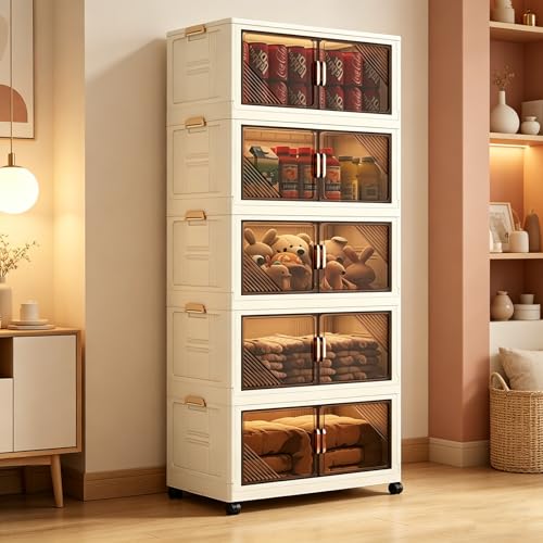 5 Tier Storage Cabinet with Wheels Collapsible Organizer for Clothes Large Capacity Foldable Cabinet for Bedroom Living Room Office Stackable PP Unit with Dual Opening Doors & Top Lid |58x27x130CM