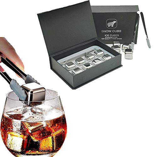 Whiskey Stones Set,Reusable Ice Cubes,Stainless Steel,8Pcs Metal Chilling Stones with Ice Tongs and Storage Tray