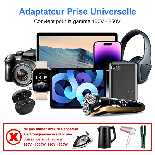 adaptateur de voyage, adaptateur prise universel 1300w avec 1 type c et 3 usb 2.4a, adaptateur universel de voyage france vers usa chine japon uk, chargeur de voyage vers france