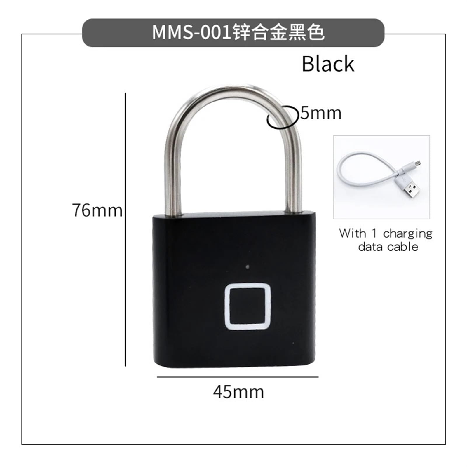 Intelligent Fingerprint Padlock Outdoor Padlock Intelligent Electronic Padlock Door Passwor 1Pcs(Black)