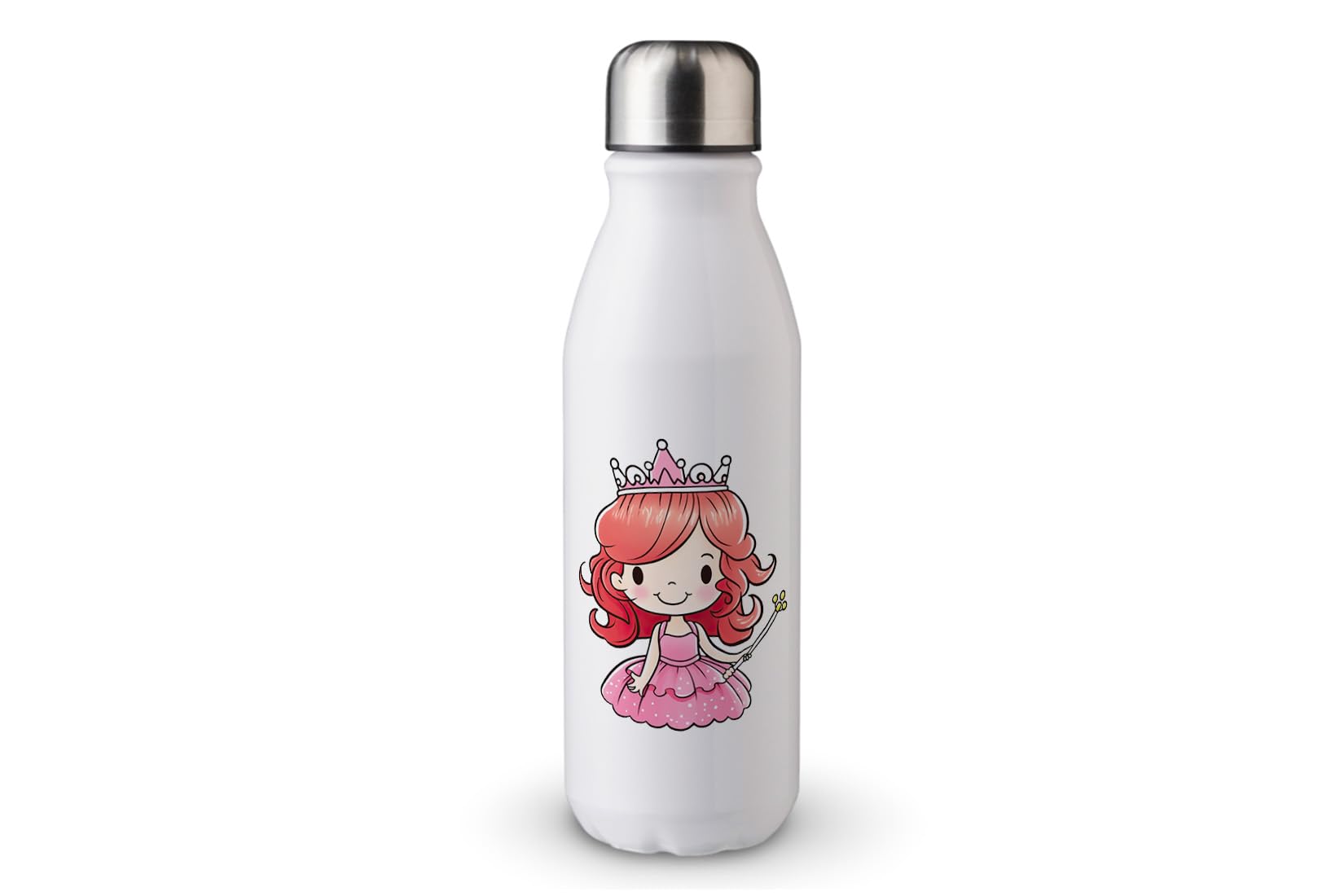 MAXIKIWI - Single Wall Water Drinking Bottle with Screw Cap, Non Insulated Lightweight Aluminium, BPA Free, Leak-Proof - Cute Princess With Tiara - 500ml