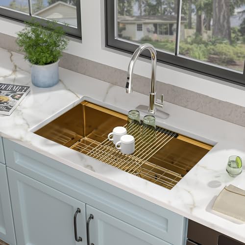 Image of 36 inchx19 inch Undermount Gold Kitchen Sink Workstation - Brushed Gold NANO-PVD, 16 Gauge T304 Stainless Steel, Under Counter Round Corners Single Bowl Sink Basin with Ledge