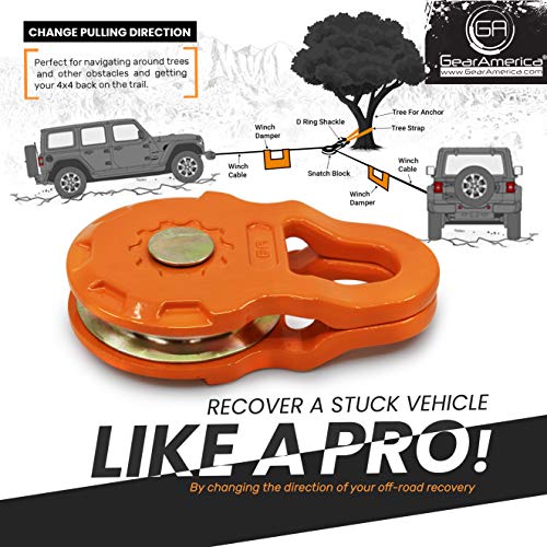 GearAmerica Smart Snatch Block for ATV or UTV (Side-by-Side) | 24,000 LBS (12T) MBC and 12,000LBS (6T) WLL | Winch Pulley for Synthetic Rope or Steel Cable up to 7/16" (11mm) & Winches up to 12K LBS