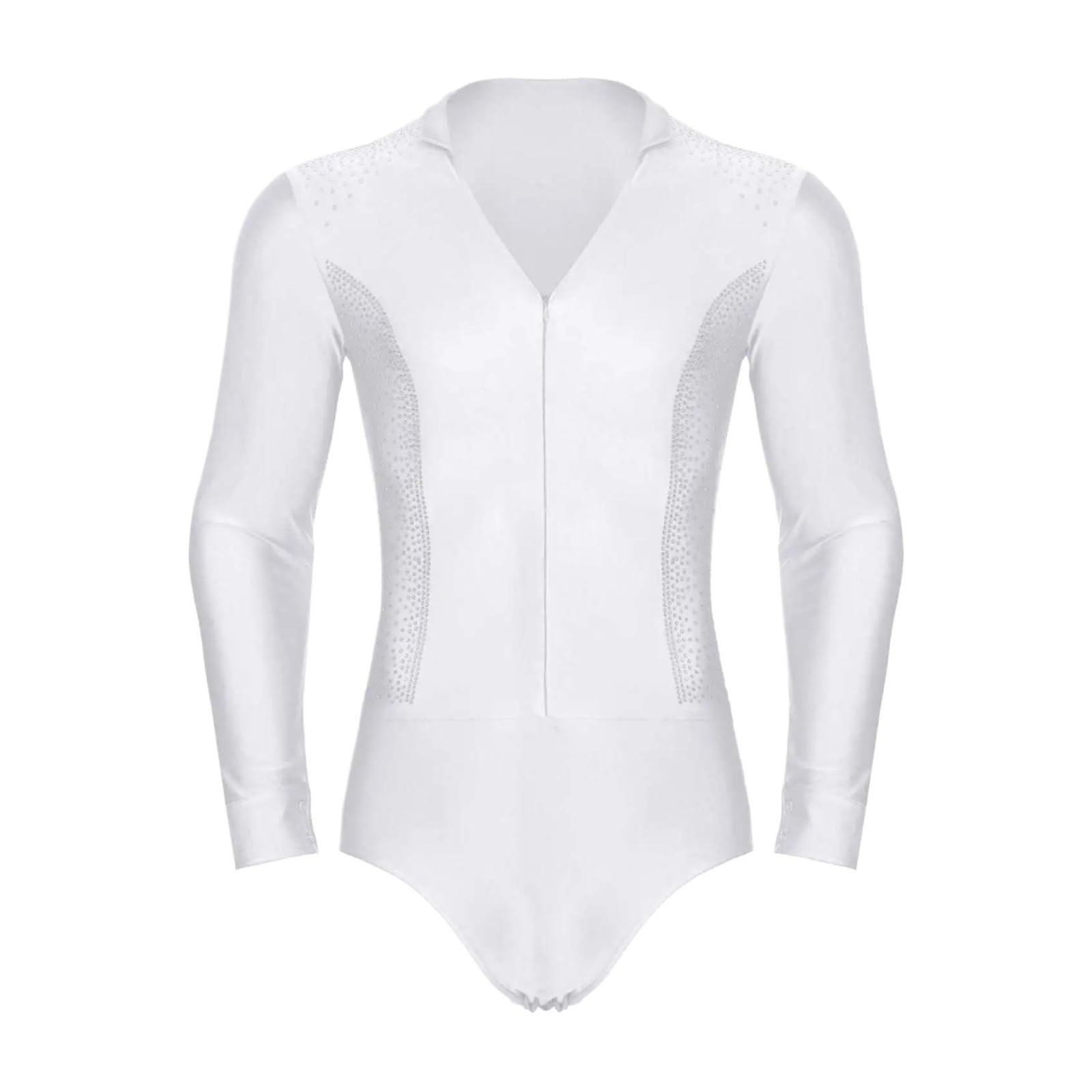 Maillot de Danza para Hombres Traje de Baile de Patinaje artístico for Hombre, Traje de Baile Latino, Tango, Baile de salón, Camisetas, Leotardo con Diamantes de imitación Brillantes(White,M)