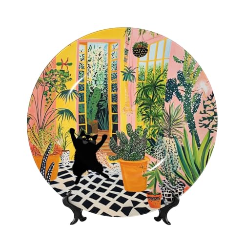 YZILDP Cats Painting Ceramic Plate with Display Stand,8 in,Farmhouse Decorative Plates Cacti Garden Cat Wall Hanging Ceramic Craft for Kitchen Dining Room Home Decor