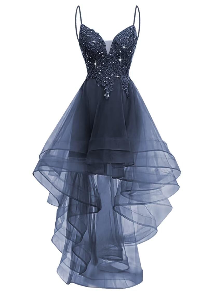 YIANN Lace Applique Tulle Prom Dresses for Teens Corset Navy Blue Spaghetti Strap V Neck Ball Gown Formal Evening Dress UK16