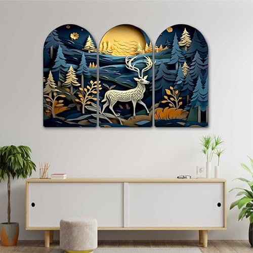 Image of Livin'luxe Blue Forest Deer Arch Shape Wall Painting Set of 3 | Night Landscape Art | MDF Textured Panels for Living Room, Bedroom, Hall & Home Wall Decoration (20 x 30 Inch) RPNS-35385