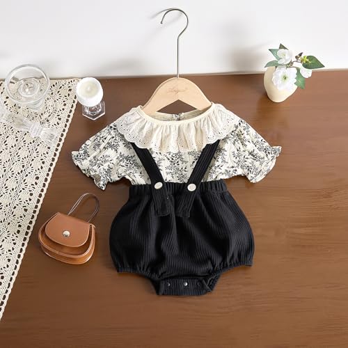 2-Piece Baby Girl Outfit - Long-Sleeve Peter Pan Collar Top & Suspender Romper for Outdoor Wear2