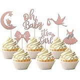 24 PCS Oh Baby Cupcake Toppers Glitter It's a Girl Cupcake Picks Bow Moon Dress Gender Reveal Cake Decorations for Baby Shower Girl Birthday Party Cake Decorations Supplies Rose Gold