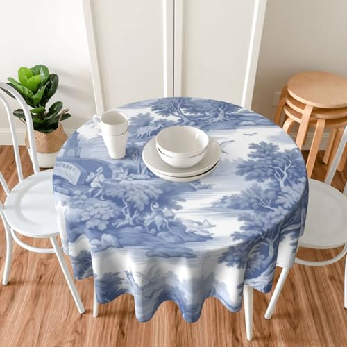 Mutakin TABLECLOTHS Classic 18Th Century French Blue Toile Round Tablecloth 60 Inch Washable Reusable Decoration Table Cover thumb #4