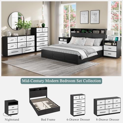 Image of 3 Pieces Bedroom Set, Queen Size Bed Frame with Storage Headboard, 2 Nightstands with Charging Station, Black