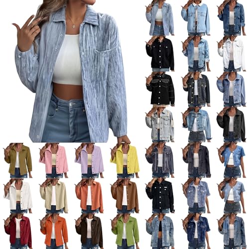 Denim Jacket for Women Oversized Long Sleeve&Short Sleeve Button Down Jean Shackets Cropped Lightweight Plus Size Lapel Coats