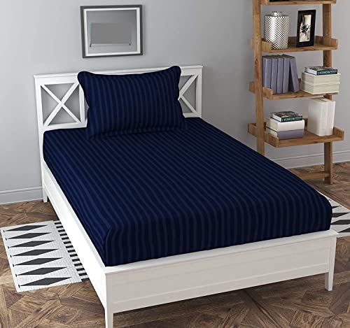 Image of KAWI Single Bedsheet Elastic Fitted Cotton With 1 Pillow Cover(72X48 X Up To 8 Inches Mattress Size)-Blue Colour,200 TC