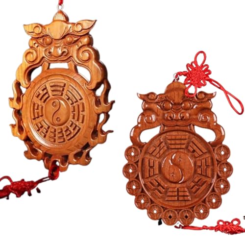 Chinese Feng Shui Bagua Map Mirror Set( 6 inches ) Flat Peach Wood Feng shui Modren Decor for Protection Cure Home Outdoor Indoor Front Door Bagua Yin Yang Mirror Small Red Concave Convex (Wealth)