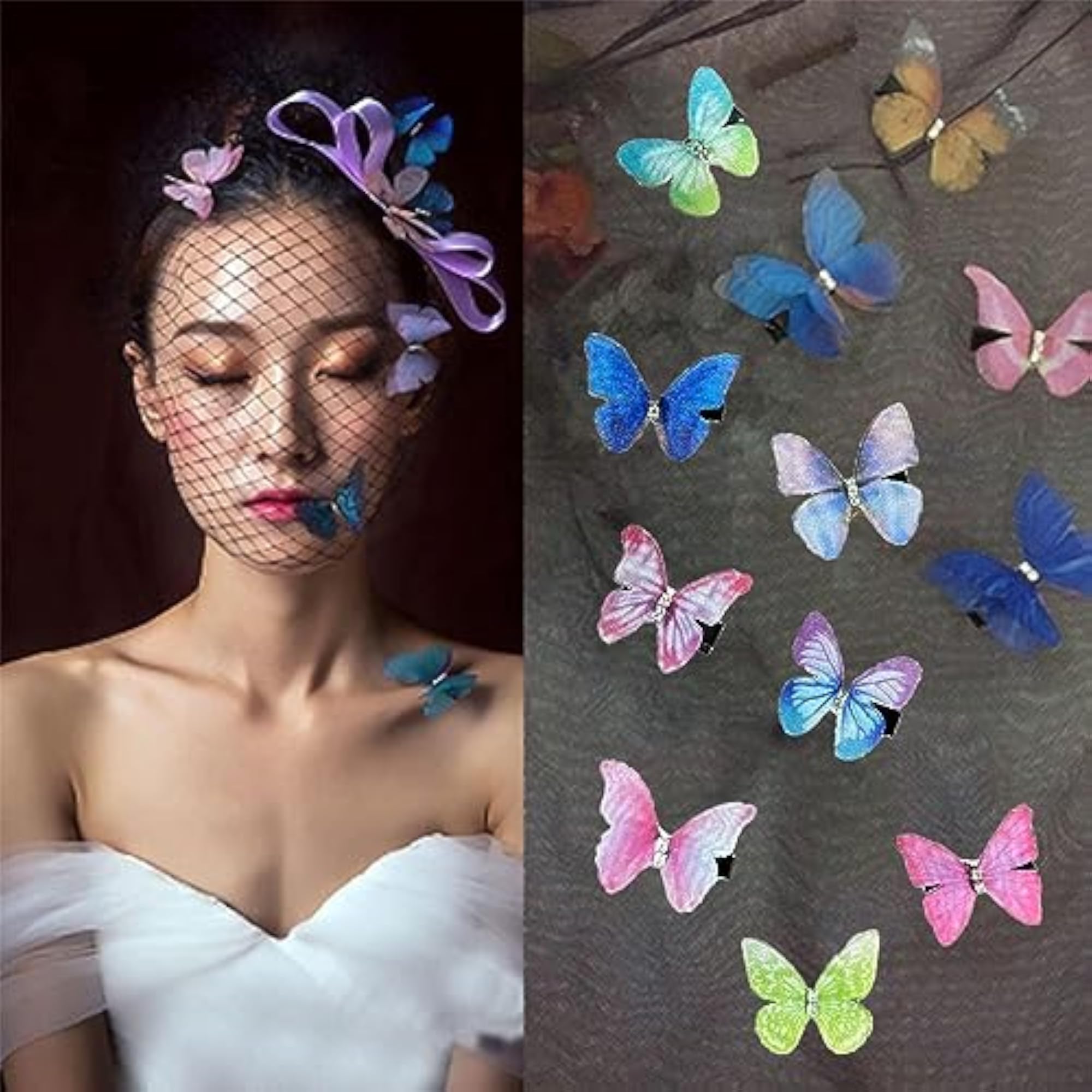 Rainbow 3D Moving Butterfly Hair Clips, Pack of 12