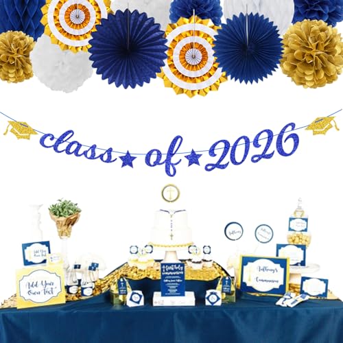 Image of Navy-Blue Gold-White Party-Decoration Graduation Banner - 14pcs Kits Cap Garland Streamers, Royal Paper Tissue Pom Poms Flowers Fans Honeycomb,Class Of 2026 College High School Grad Decor Hugfond