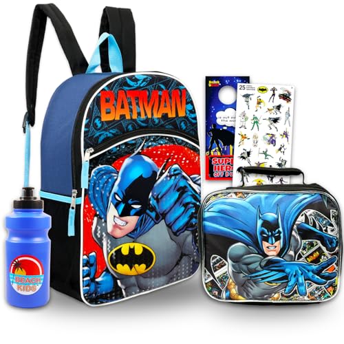 Batman Backpack with Lunch Box Set - Bundle with 16 DC Comics Backpack Lunch Bag Stickers Water Bottle More | Batman School Bag for Boys