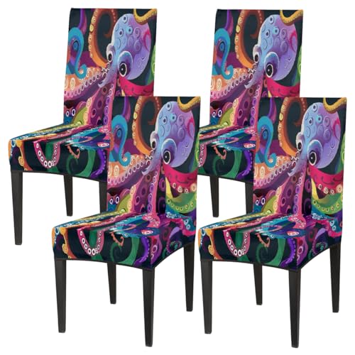 Mexpekil Juego de 4 fundas elásticas para sillas de comedor, diseño de tentáculos de pulpo, multicolor, con respaldo alto, elásticas, lavables, para derrames, mascotas, manchas, cocina, hotel, fiesta