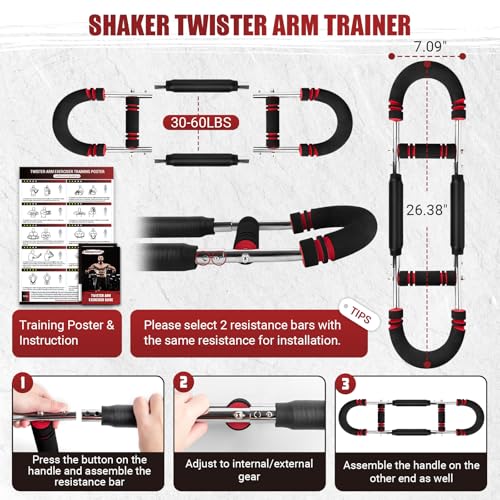 Image of Twister Arm Trainer, 30-60 lbs Adjustable Twister Arm Chest Exerciser with 2 Spring & Poster for Men & Women, Detachable Power Twister Home Fitness Equipment for Enhancing Upper Body Muscle -Red