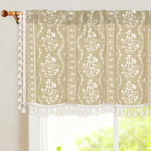 Image of Yinhua Boho Valance Curtains Vintage Linen Natural Kitchen Valances for Windows Light Filtering Bohemian Floral Valance Rod Pocket Farmhouse Tassel Window Valances for Bathroom Cafe, 52 inch W X 18 inch L