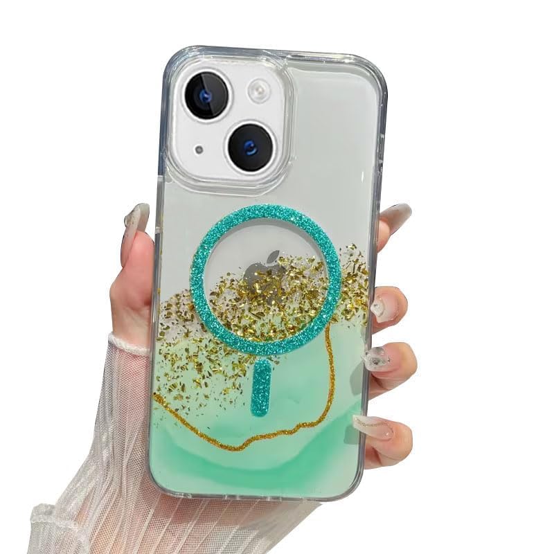 Image of mobistyle Compatible with iPhone 13 | Magentic Glitter Gradian Elegant | Camera Lens Protection Back Cover Case for Women Girls iPhone 13 (Glitter Magnetic Green)