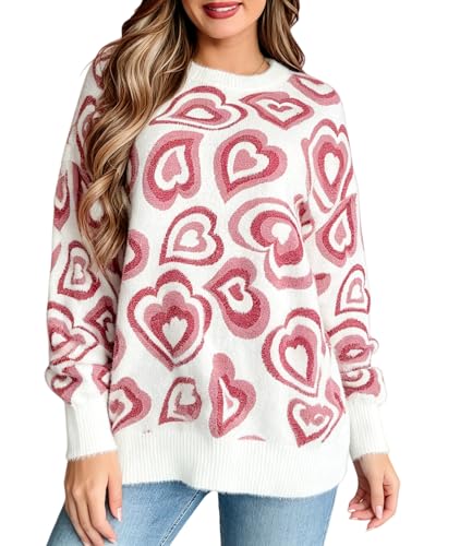Image of Women's Cute Heart Sweater Love Print Valentine Romantic Knitted Top Casual Crewneck Long Sleeve Sweaters Pullover