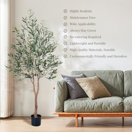 Olive Tree Artificial Plant 6FT,Artificial Olive Tree Mediterranean Silk Screened Broad-leaved Olive Tree with Realistic Fruit, Lifelike Plant Nordic Style Home Aesthetic Hotel Decor