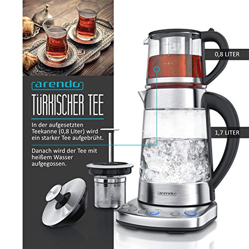Arendo - Glas Wasserkocher mit Temperatureinstellung und Teesieb sowie Aufsatz - Türkischer Teekocher - Edelstahl… – Bild 3
