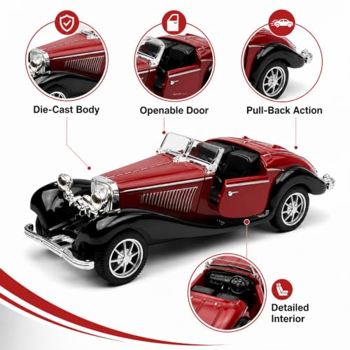 Image of 1:36 Scale Vintage Classic Die-Cast Car, Pull-Back Toy with Openable Door, Detailed Interior & Metal Body, Collectible Model for Kids and Car Lovers, Maroon