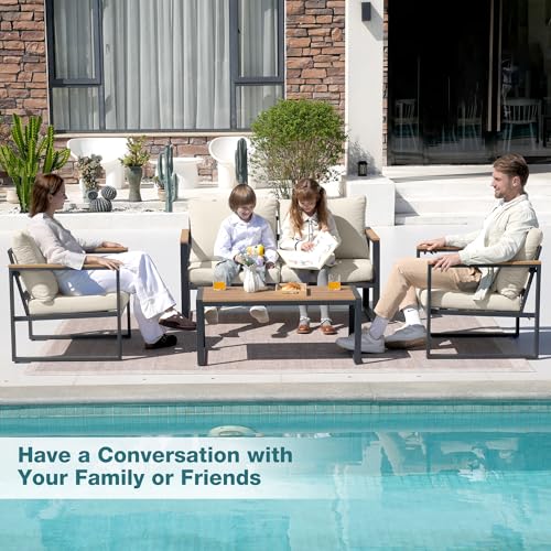COMLAX FIELD Patio Furniture Set, 4 Pieces Outdoor Patio Furniture with Coffee Table Set, Metal Patio Conversation Sets with Washable and High-Resiliency Sponge Cushions, Upgarded Beige - Thumbnail 3
