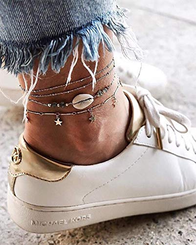 Preisvergleich Produktbild Deniferymakeup Fußkettchen mit 5 Zacken, Naturstein, Kieselsteinen, Muschel, Perlenkette, Fußschmuck, 3 Stück