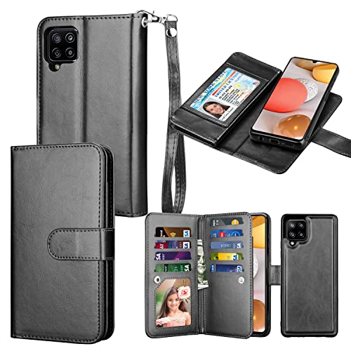 Galaxy A42 5G Case, Galaxy A42 5G Wallet Case, Takfox PU Leather ID Credit Card Holder Slots Folio Flip Cover Magnetic Detachable Hard Phone Case [Kickstand] & Lanyard for Samsung A42 5G-Black