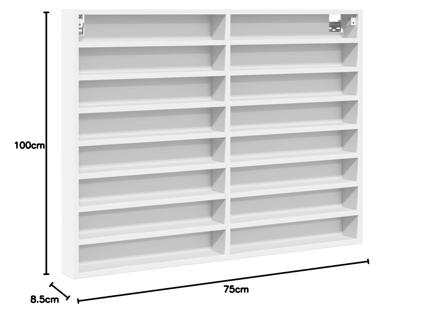 Vitrinenschrank mit 2 Ebenen, Weiß, Holzwerkstoff, Sammlervitrine, Schaukasten Vitrine für Wohnzimmer, Modellauto Vitrine, Display Case, 100 x 8.5 x 75 cm
