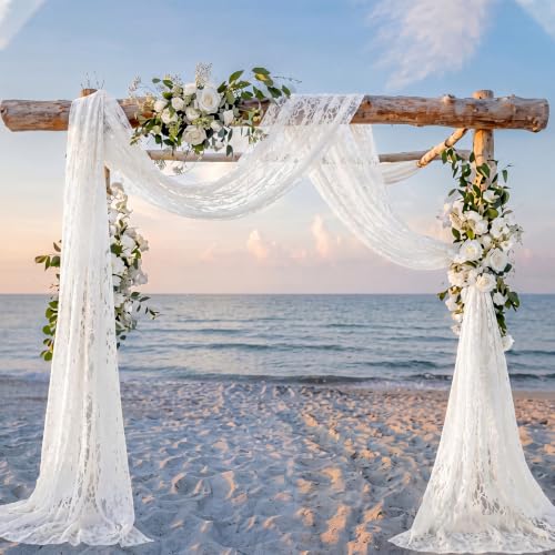 Image of HunnmingRe 1 Panel White Wedding Arch Draping Fabric Summer 30 inch X 18 FT Lace Wedding Arch Drapery Embroidered Boho Rustic Backdrop Vintage Decor for Bridal Shower Church Ceremony Decoration