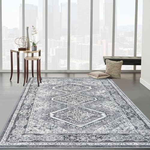 KUTA Vintage Area Rug 4x6 Living Room, Washable Rugs Printed Oriental Distressed Tribal Grey, Non-Slip Dining Room Carpet, Extra Soft Low Pile Cozy Throw for Bedroom Kitchen Nursery