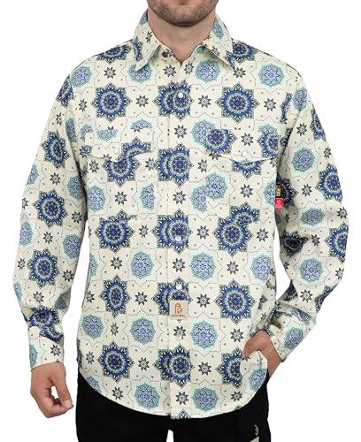 BOCOMAL Mens FR Shirts Pearl Snaps Down Mandala Printed Lightweight Flame Resistant NFPA2112 CAT2 Work Shirt