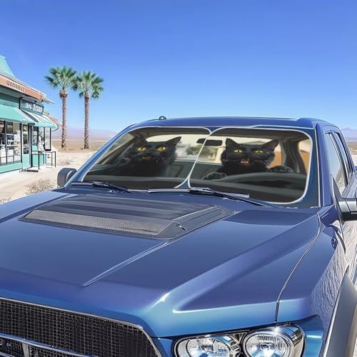 Image of Funny Black Cat Car Front Windshield Sun Shade 2-Piece Foldable Car Windshield Sun Shade UV Rays and Keeps Vehicle Cool Easy to Install for Most Sedan Truck SUV