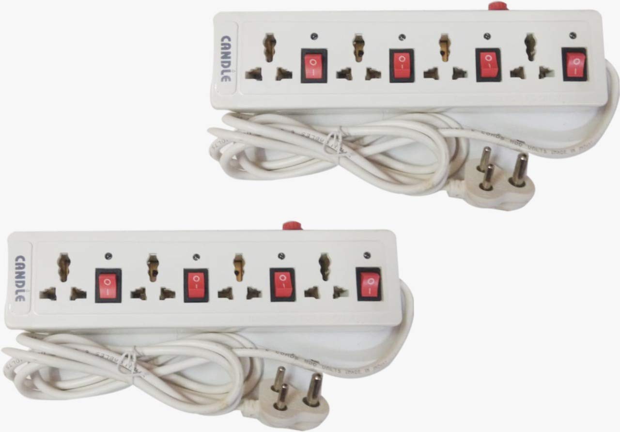 CANDLE POWER STRIP SURGE PROTECTOR MULTI OUTLETS 4 SWITCHES WITH 4 INDICATOR, 4 WORLD WIDE UNIVERSAL SOCKETS EXTENSION BOARD WITH 3 CORE COPPER WIRE HEAVY 3 PIN PLUG FOR PC,LAPTOP,PRINTER,TV,MUSIC SYSTEM AND ALL TYPE OF ELECTRONIC DEVICES King 6AMP. 4+4 PACK OF 2
