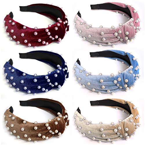 Headbands for Women Pearl Headbands Velvet Wide Headbands Knot Turban Headband Vintage Hairband with Faux Pearl Retro Twisted Faux Pearl Headband Wide (6PCS Pearl Headbands)