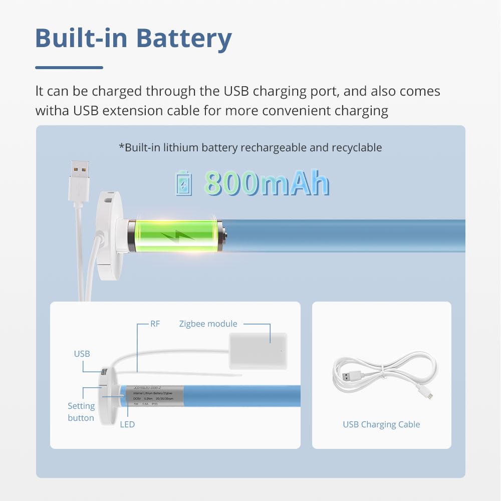 Zigbee Moteur de store pour tube de 17/20/25/28 mm, 800 mAh alimenté par USB, contrôle de groupe, fonctionne avec Alexa/Google Home/HomeKit/Tuya, Tuya Zigbee Hub requis (moteur uniquement)