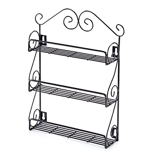 EZOWare 3 Tier Wall Mounted Spice Rack, Herb Jars Bottle Holder Storage Organizer Free Standing Metal Wire Shelf for Kitchen, Pantry, Cabinet, Countertop - Black