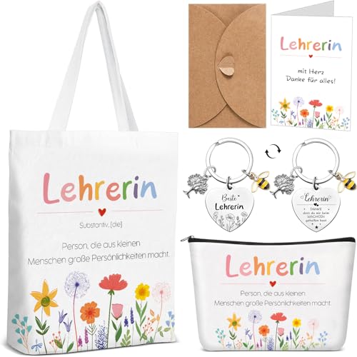 Happirra Dankeschön Geschenke Abschiedsgeschenk Lehrerin Lehrerin Geschenk Set Baumwolltasche + Kosmetiktasche + Schlüsselanhänger + Karte zum Abschluss Abschied Weihnachten Lehrertag Geburtstag