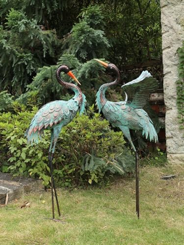 YEAHOME Garden Decor Outdoor Statues, 38"/36" Large Metal Heron Standing Yard Art, Blue Crane Lawn Sculptures Garden Decor for Outside Patio Porch Backyard, Set of 2 - Image 3