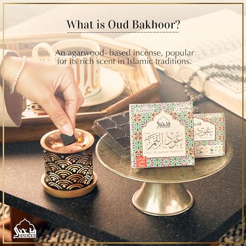 Image of Oud Al Qamar Bakhoor Set عود بخور و مبخرشمعدان by Dukhni | 2 x 9 Piece Each & Rainbow Bakhoor Burner | Arabic Bakhoor Incense | Floral Oud Blend | Perfect for Prayer Time | to Relax & Meditate