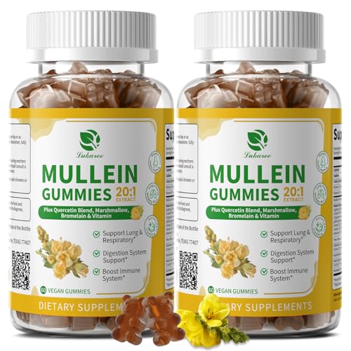 (2 Pack) 9 in 1 Mullein Gummies for Lung Cleanse & Lymphatic Drainage*, Extra Strength Mullein Leaf Extract w/Quercetin, Bromelain, Elderberry & Marshmallow for Respiratory & Immunity,Vegan,120 Count