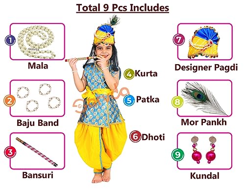 Image of Sarvda Shree Krishna Dress for Baby Boy & Radha Dress for Girls | Janamashtami Dress | Fancy Dress Costume with Accessories Dhoti, Dupatta, Mukut Flute Complete set, Ethnic wear