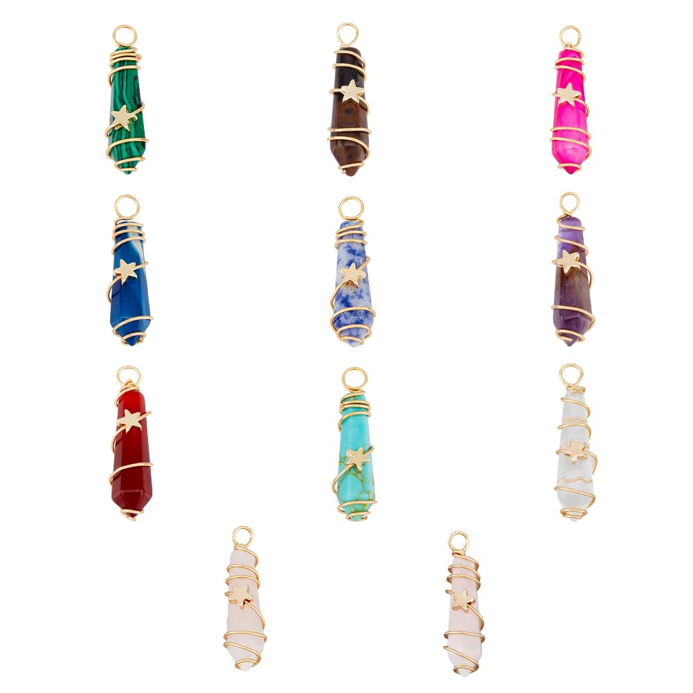 SUPERFINDINGS 10Pcs 10 Styles Gemstone Pendants Column Pointed with Light Gold Copper Wire Wrapped Crystal Stone Pendants Mixed Color with Tiny Star Beads for Jewelry Making Hole 2.5~3mm — image 1